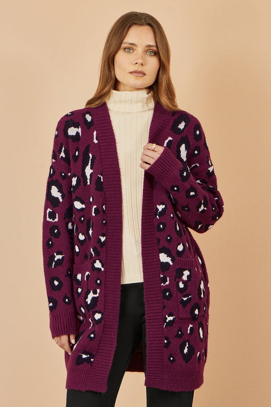 Yumi Burgundy Animal Intarsia Long Cardigan