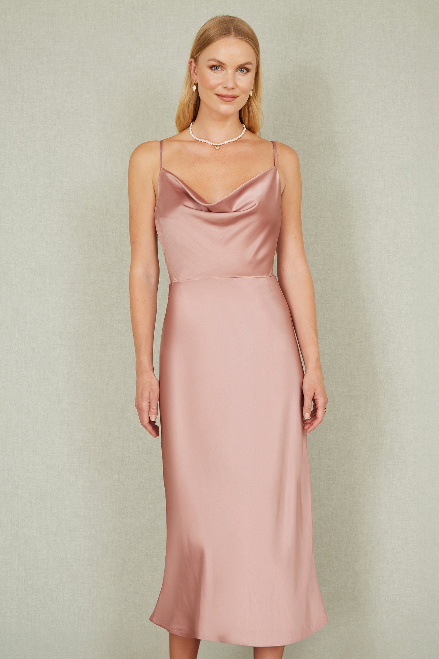 Yumi Rose Pink Satin Cowl Neck Midi Slip Dress