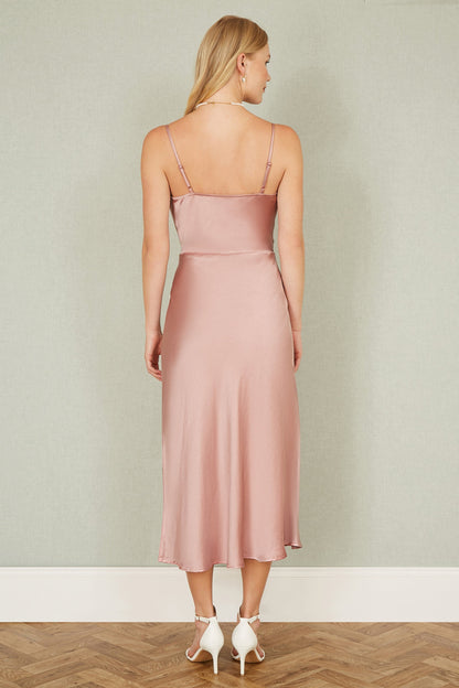Yumi Rose Pink Satin Cowl Neck Midi Slip Dress