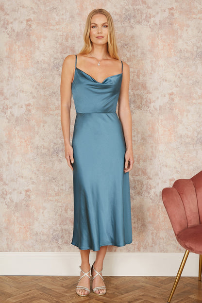 Yumi Blue Satin Cowl Neck Midi Slip Dress