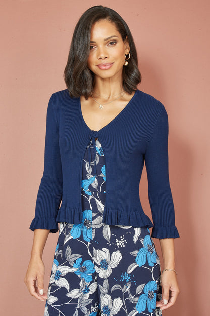 Yumi Navy Tie Up Ribbed Cardigan With Frill Hem