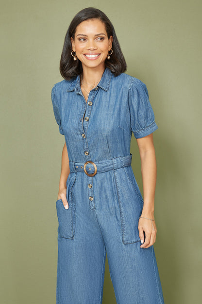 Yumi Blue Cotton Chambray Button Up Jumpsuit
