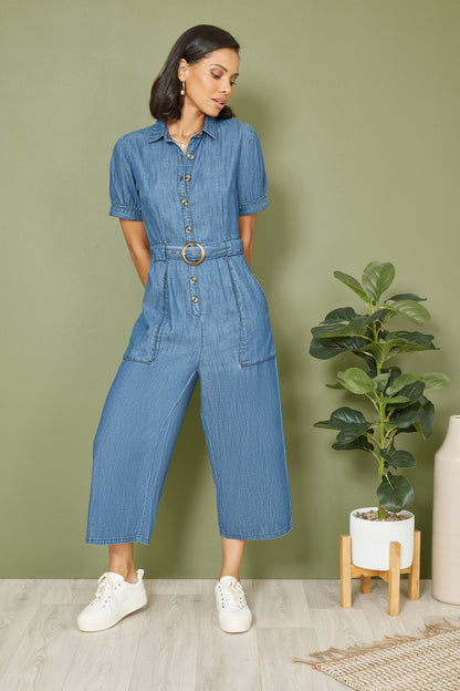 Yumi Blue Cotton Chambray Button Up Jumpsuit