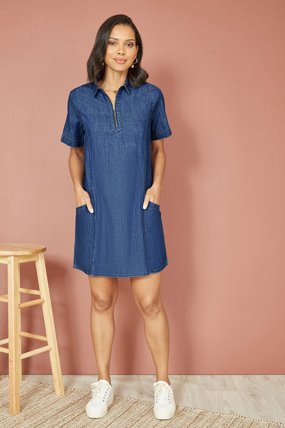 Yumi Blue Cotton Chambray Tunic With Zip Neckline