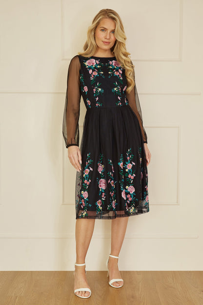 Yumi Black Embroidered Long Mesh Sleeve Prom Skater Dress