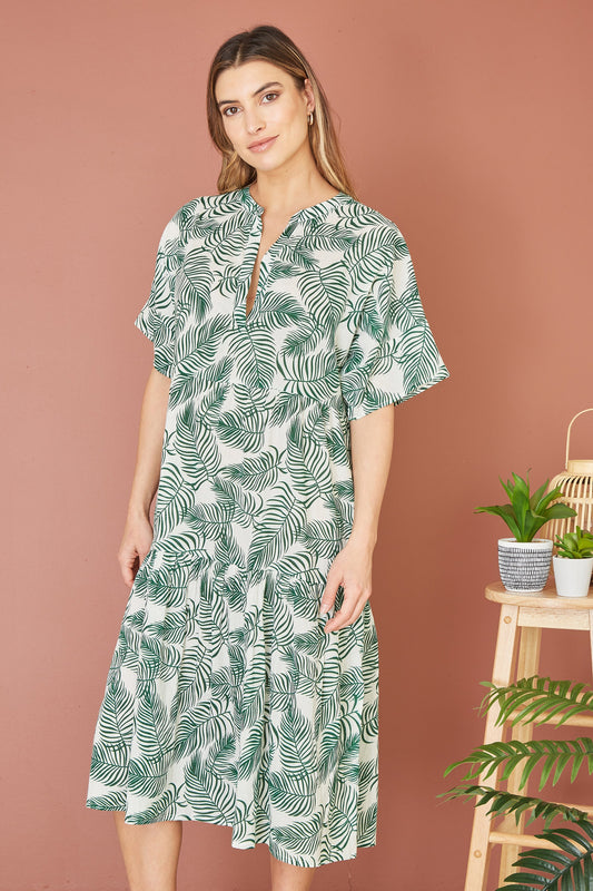 Yumi Green Organic Cotton Palm Print Tiered Tunic Dress