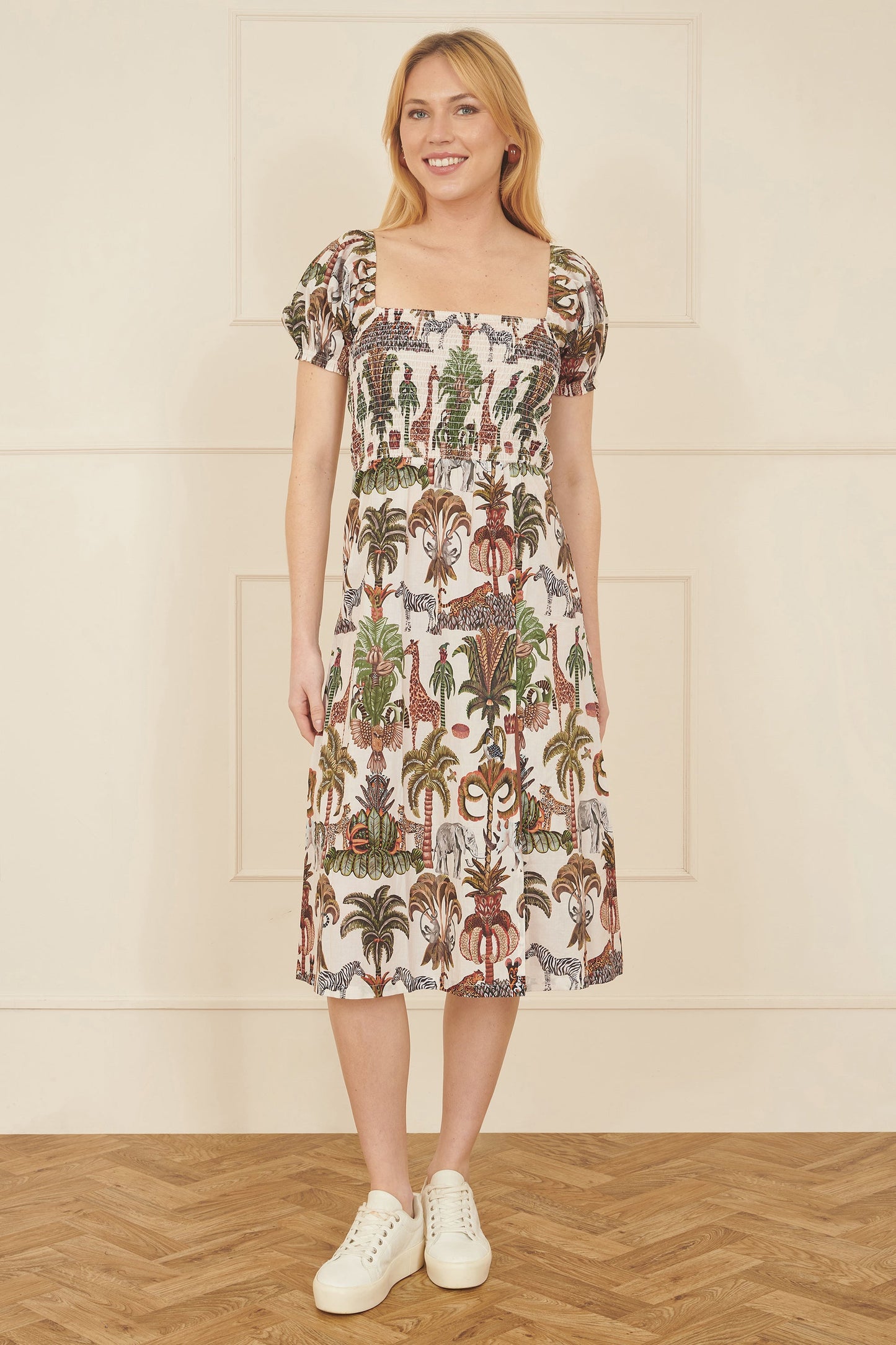 Yumi White Cotton Safari Print Ruched Midi Dress
