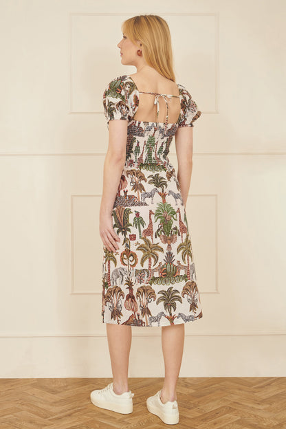 Yumi White Cotton Safari Print Ruched Midi Dress
