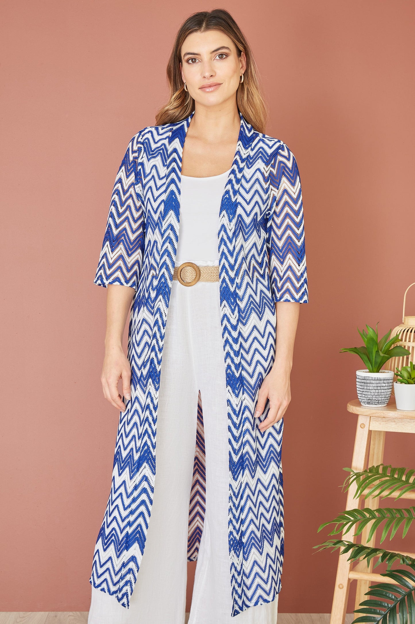 Yumi Blue Zig Zag Crochet Long Knitted Kimono