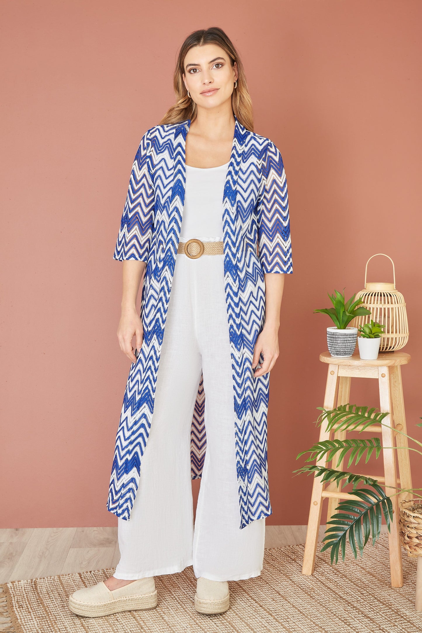 Yumi Blue Zig Zag Crochet Long Knitted Kimono