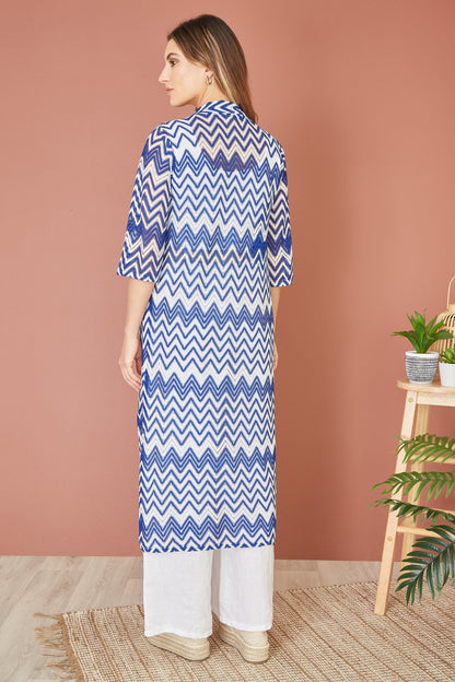 Yumi Blue Zig Zag Crochet Long Knitted Kimono