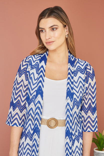 Yumi Blue Zig Zag Crochet Long Knitted Kimono