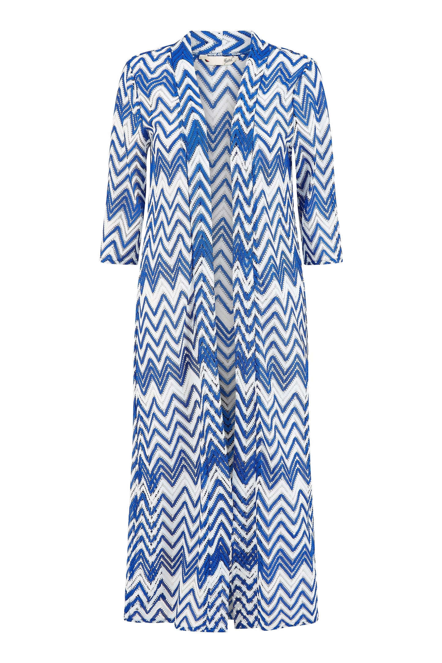 Yumi Blue Zig Zag Crochet Long Knitted Kimono