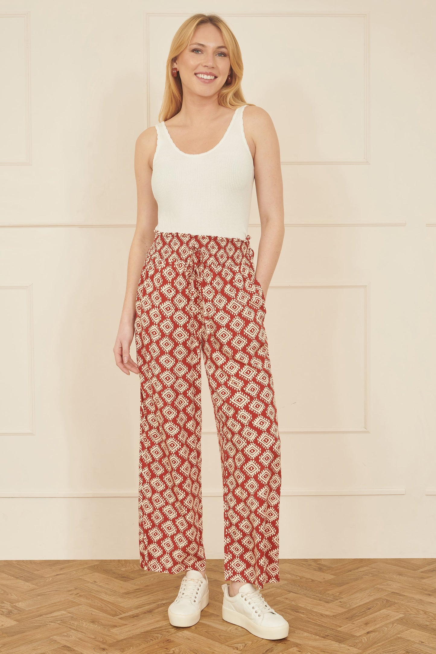 Yumi Red Geo Print Relaxed Fit Trousers