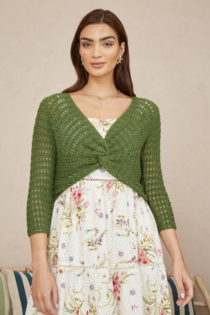 Yumi Green Cotton Crochet Twisted Bolero Top
