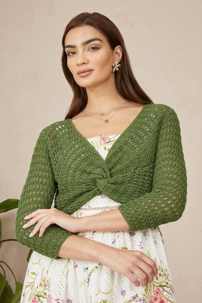 Yumi Green Cotton Crochet Twisted Bolero Top