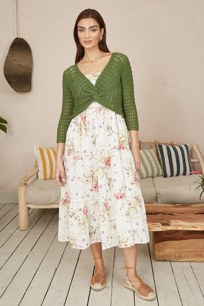 Yumi Green Cotton Crochet Twisted Bolero Top