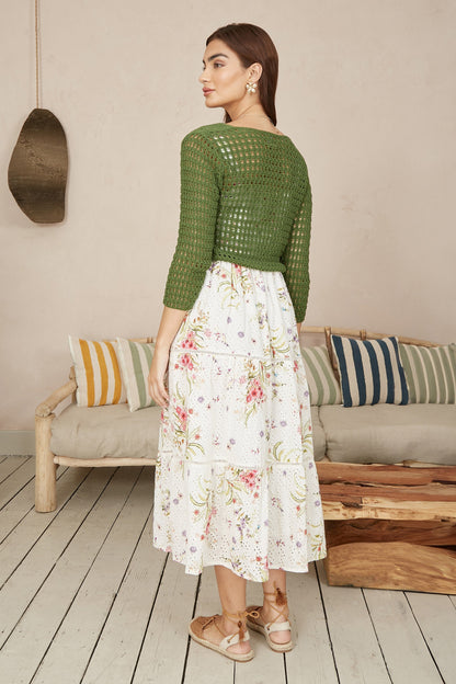 Yumi Green Cotton Crochet Twisted Bolero Top