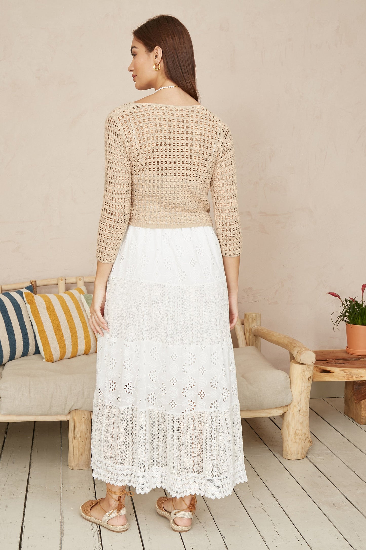 Yumi Beige Cotton Crochet Knitted Top