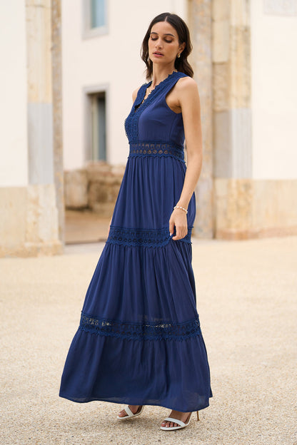 Yumi Navy Lace Trim Cotton Midi Sun Dress