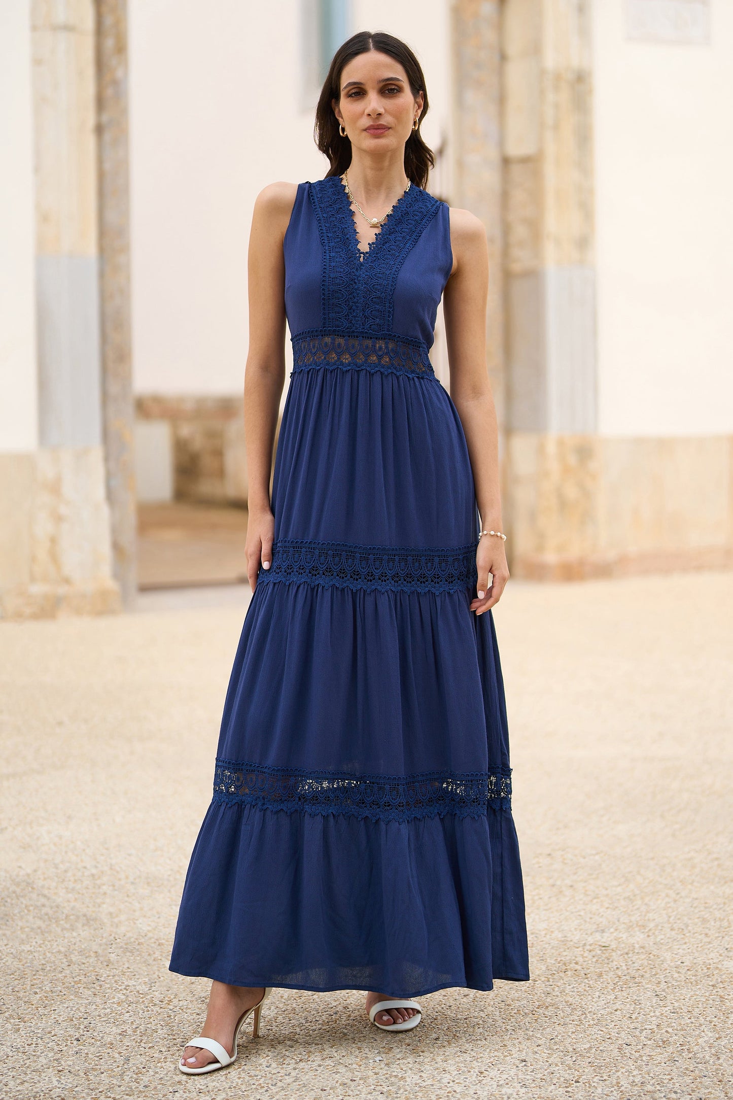 Yumi Navy Lace Trim Cotton Midi Sun Dress