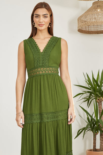 Yumi Green Lace Trim Cotton Midi Sun Dress