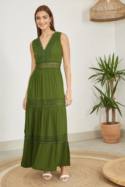 Yumi Green Lace Trim Cotton Midi Sun Dress