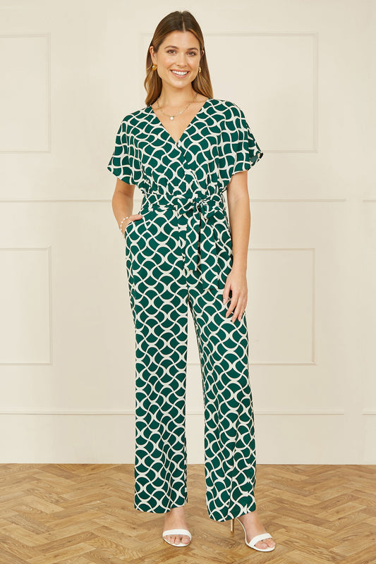 Yumi Green Geometric Print Wrap Jumpsuit