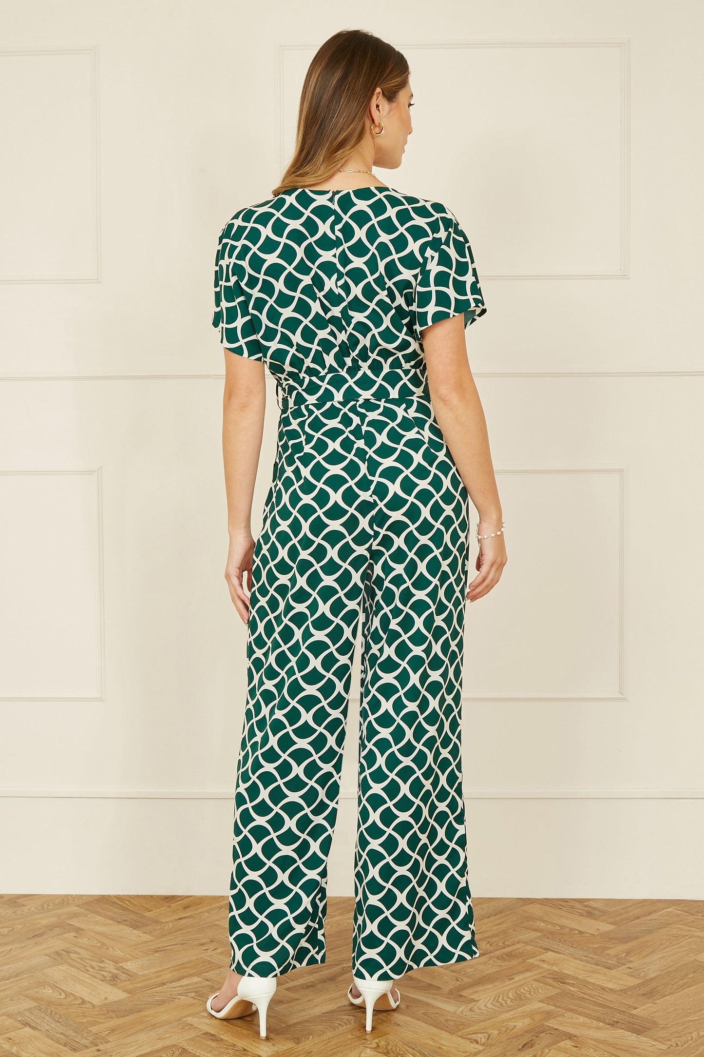 Yumi Green Geometric Print Wrap Jumpsuit