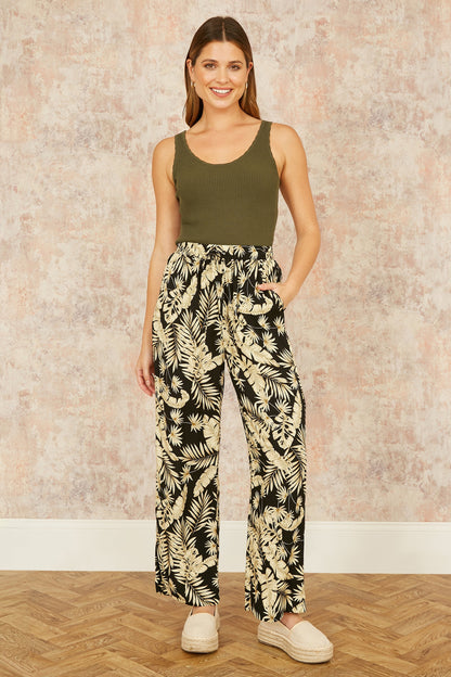 Yumi Black Fern Print Relaxed Fit Trousers