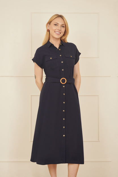 Yumi Navy Viscose Linen Look Midi Shirt Dress With Wooden Belt