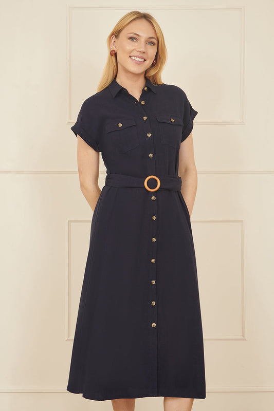 Yumi Navy Viscose Linen Look Midi Shirt Dress With Wooden Belt