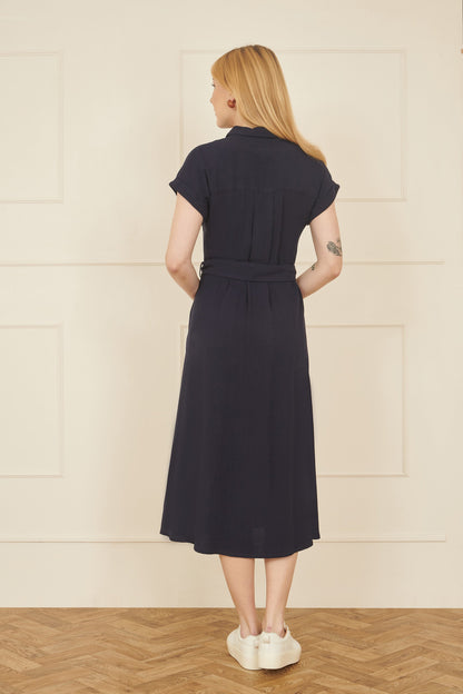 Yumi Navy Viscose Linen Look Midi Shirt Dress With Wooden Belt