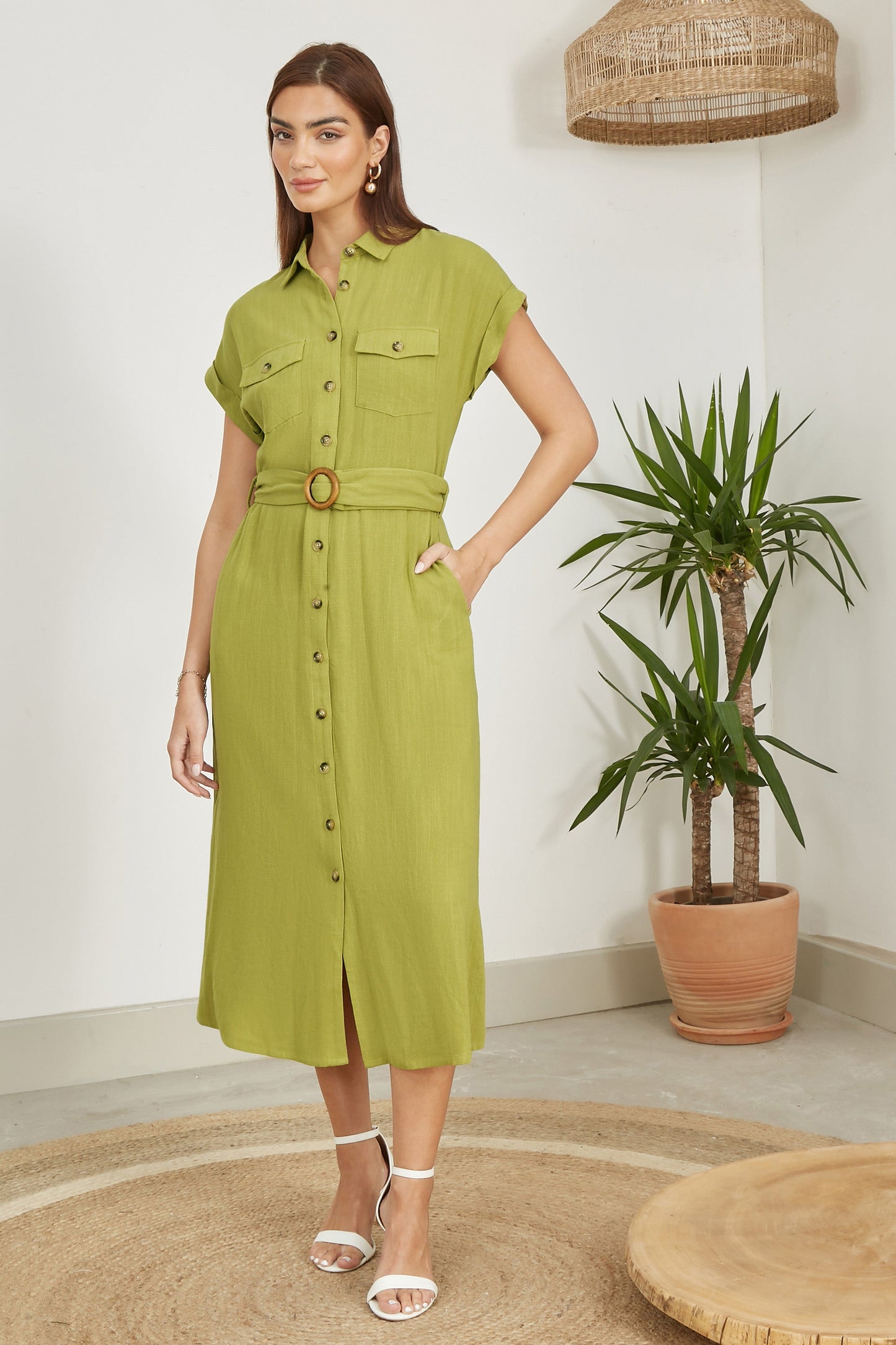 Yumi Green Viscose Linen Look Midi Shirt Dress With Wooden Belt