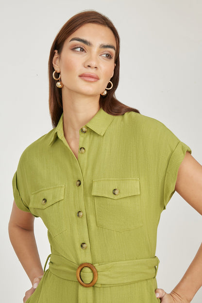 Yumi Green Viscose Linen Look Midi Shirt Dress With Wooden Belt