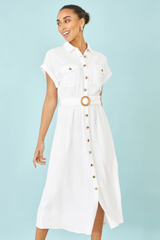 Yumi White Viscose Linen Look Midi Shirt Dress With Wooden Belt