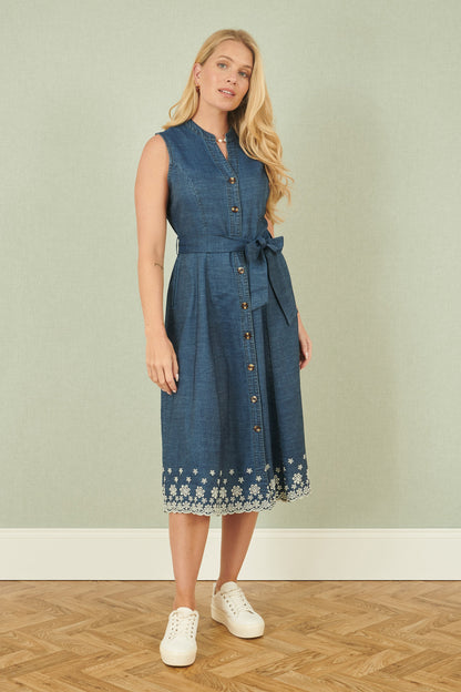 Yumi Blue Chambray Cotton Midi Embroidered Shirt Dress