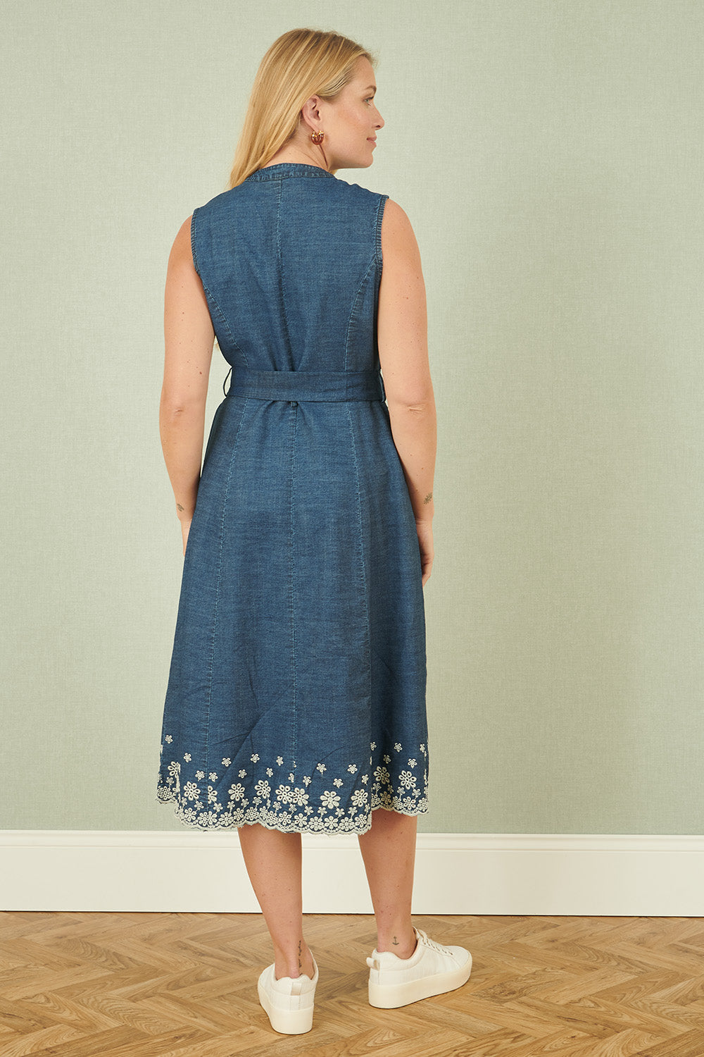 Yumi Blue Chambray Cotton Midi Embroidered Shirt Dress