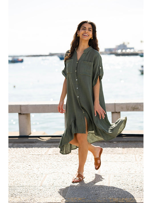 Yumi Khaki Italian Linen Shirt Dress With Frill Hem