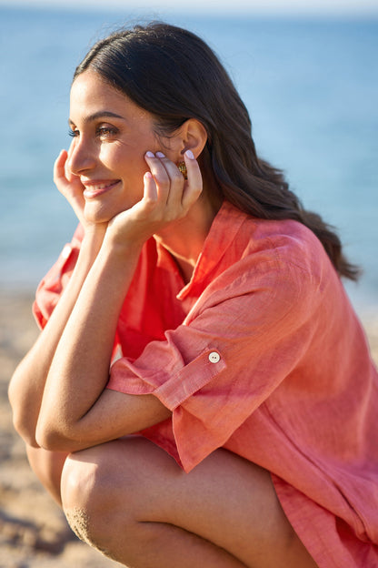 Yumi Coral Italian Linen Shirt Dress With Frill Hem
