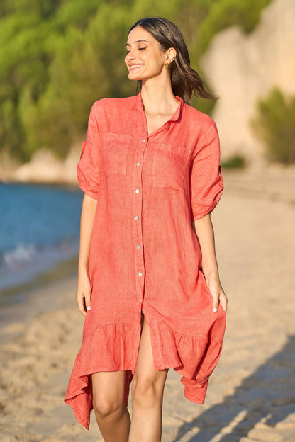 Yumi Coral Italian Linen Shirt Dress With Frill Hem
