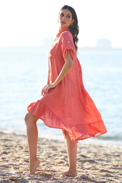Yumi Coral Italian Linen Shirt Dress With Frill Hem