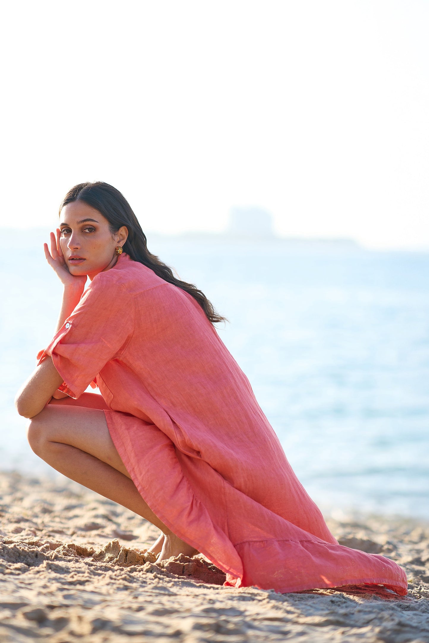 Yumi Coral Italian Linen Shirt Dress With Frill Hem