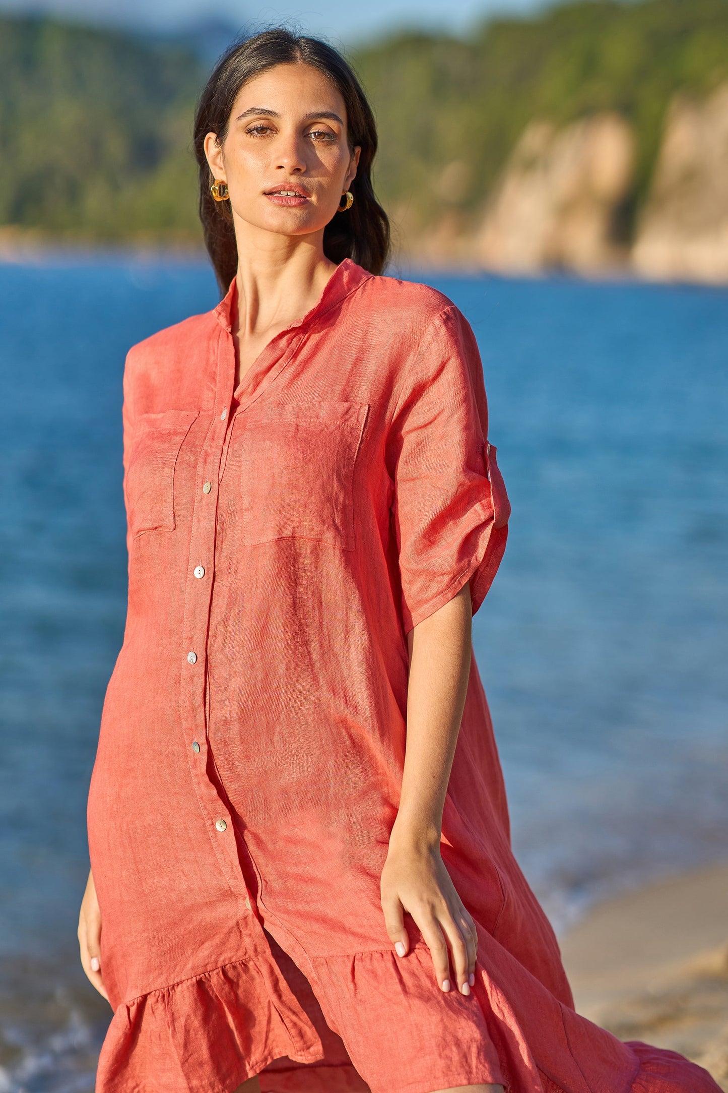 Yumi Coral Italian Linen Shirt Dress With Frill Hem