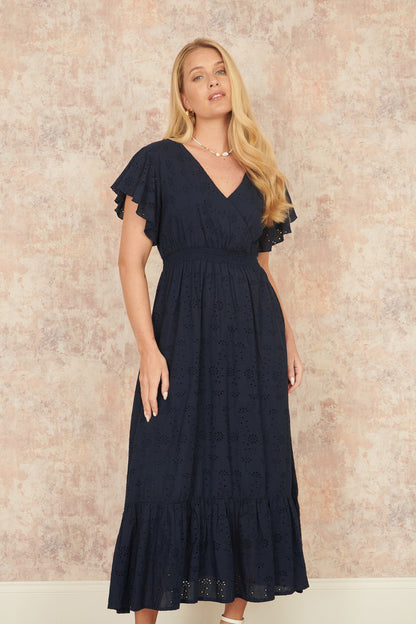 Yumi Navy Cotton Broderie Anglaise Wrap Midi Dress