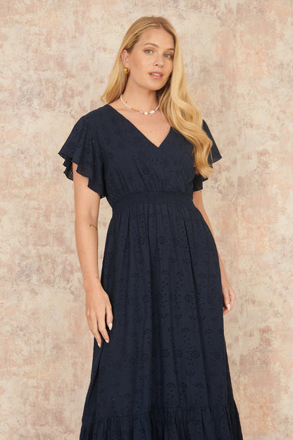 Yumi Navy Cotton Broderie Anglaise Wrap Midi Dress