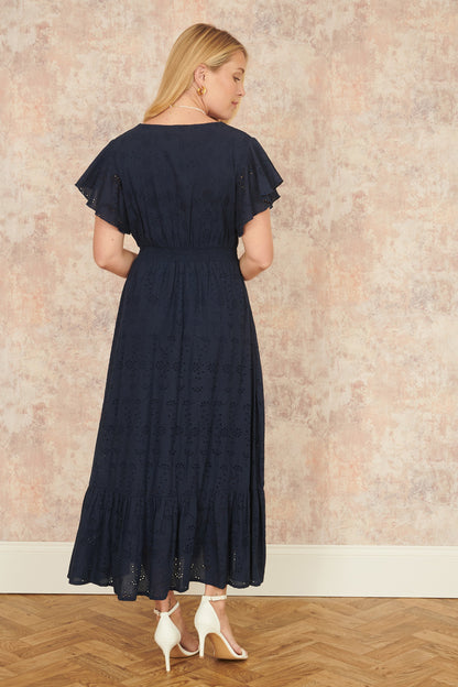 Yumi Navy Cotton Broderie Anglaise Wrap Midi Dress