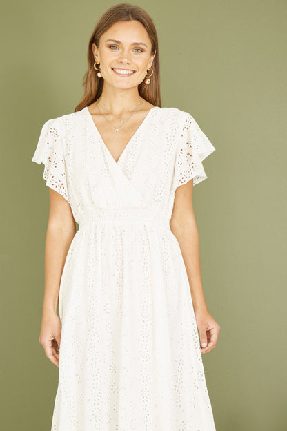 Yumi White Cotton Broderie Anglaise Wrap Midi Dress