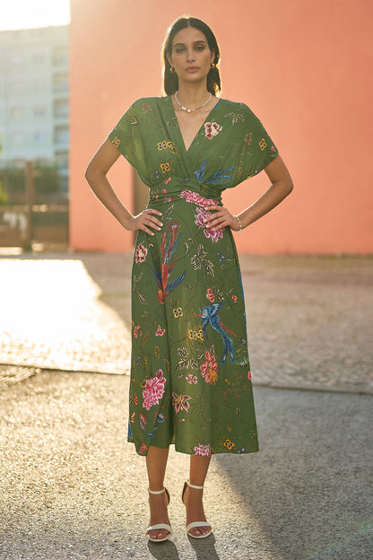 Yumi Green Bird and Floral Print Ruched Waist Kimono Midi Dress