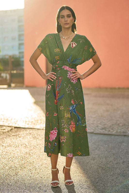 Yumi Green Bird and Floral Print Ruched Waist Kimono Midi Dress